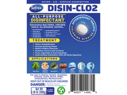 DISIN-CLO2 SAFRAX INSTANT CHLORINE DIOXIDE FOR DISINFECTION Chlorine Dioxide Water Purification Disinfection Odor elimination